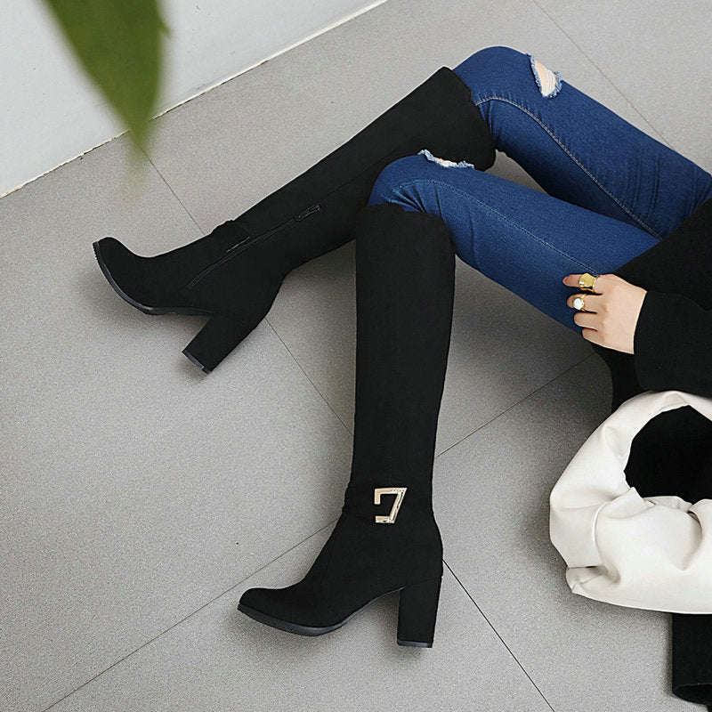 Llyge 2023 New Faux Suede Women Knee High Boots with Buckle and Square Heel for Autumn Winter
