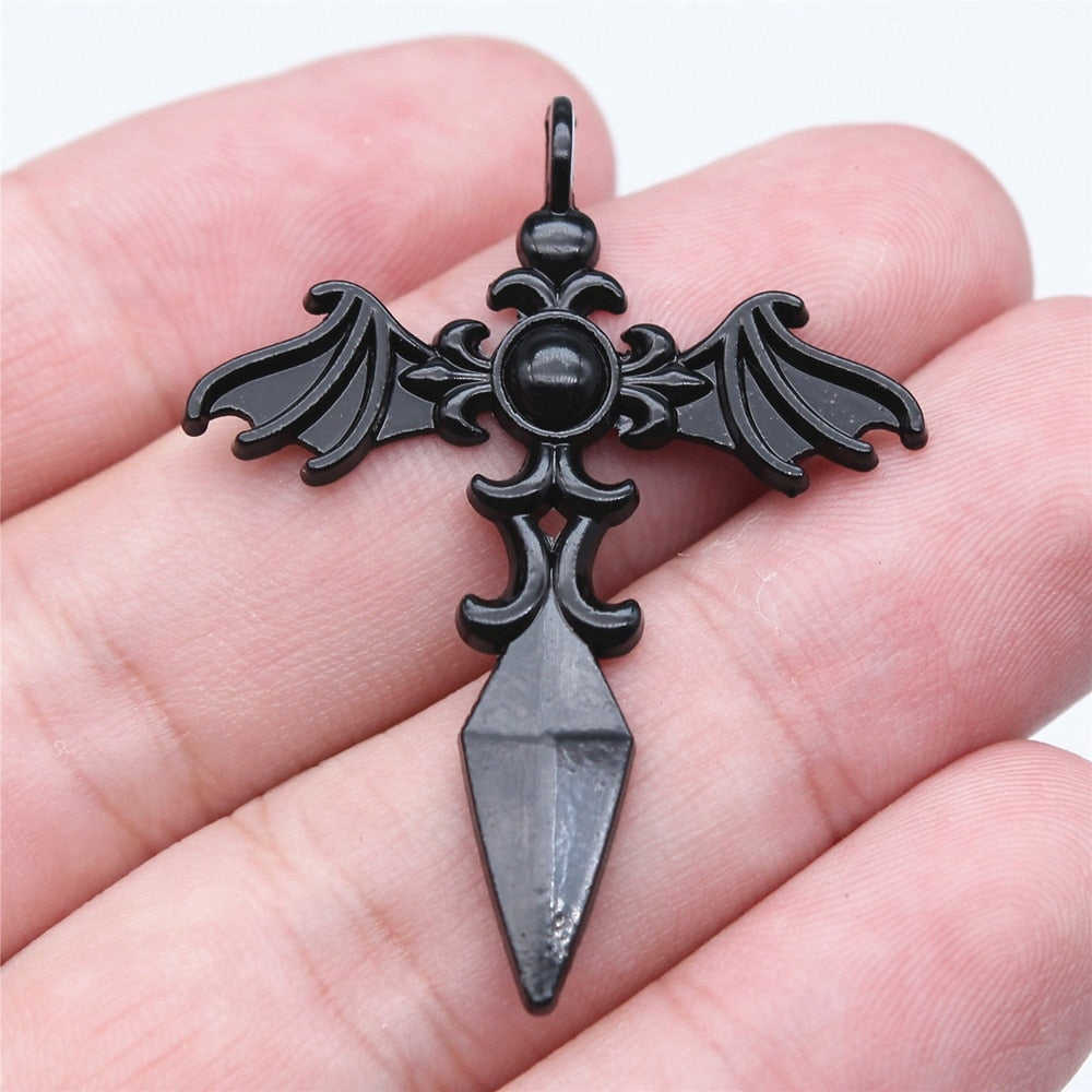 WYSIWYG 5pcs 34x44mm Black Gothic Wings Cross Charms Pendant for DIY Jewelry Making