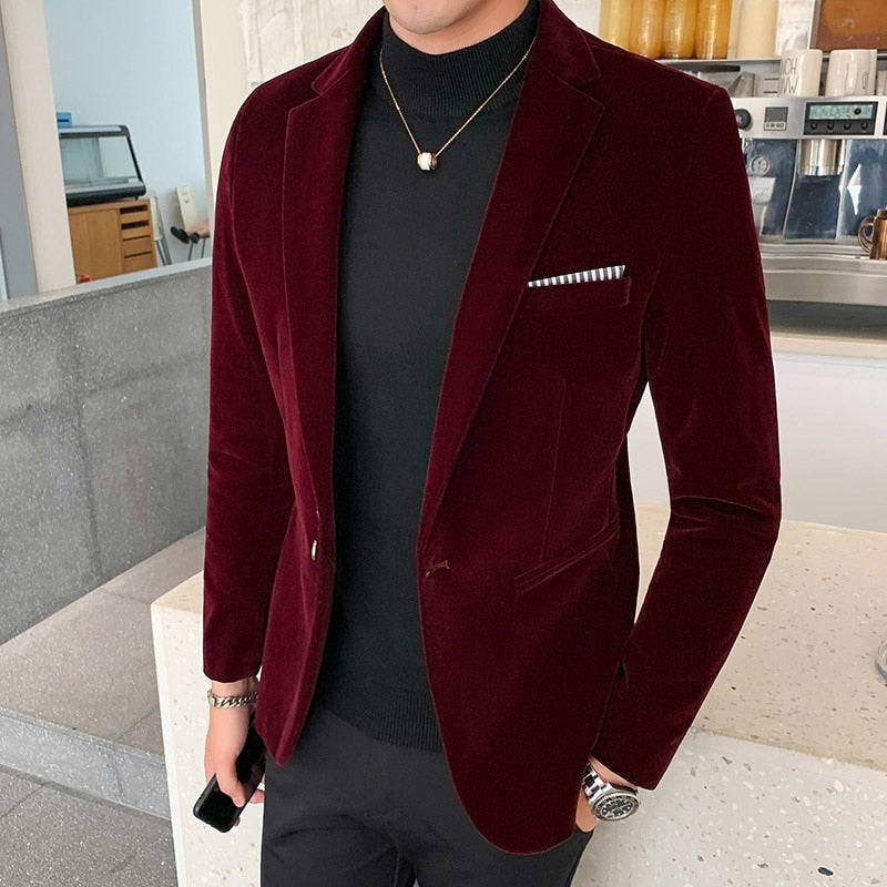 2021 Men's Golden Velvet Suit - Slim Fit Business Blazer for Wedding & Formal Occasions