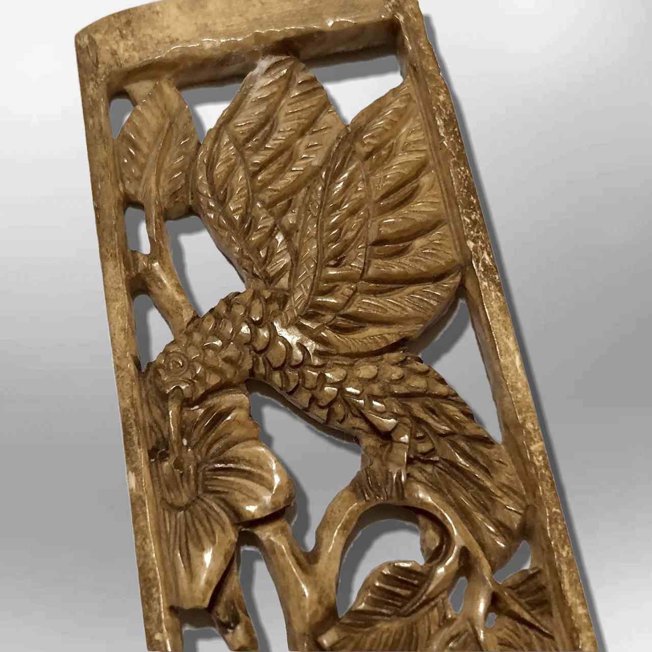 Bone Carved Handmade Long Hollow Rectangle Leaf Hummingbird Flower Pendant