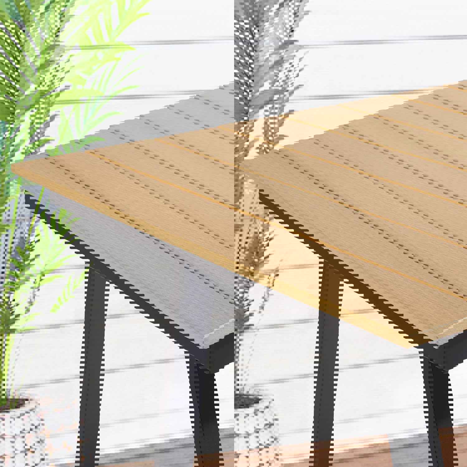 Outdoor Dining Table - Aluminum Frame with Resin Wood Slat Table Top, Patio Rectangular Table with Umbrella Hole