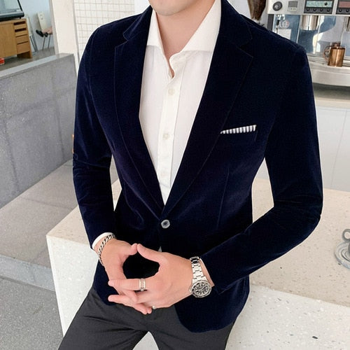 2021 Men's Golden Velvet Suit - Slim Fit Business Blazer for Wedding & Formal Occasions