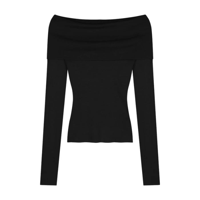Nukty Black Solid Off Shoulder Elegant Long Sleeve Tops for Women