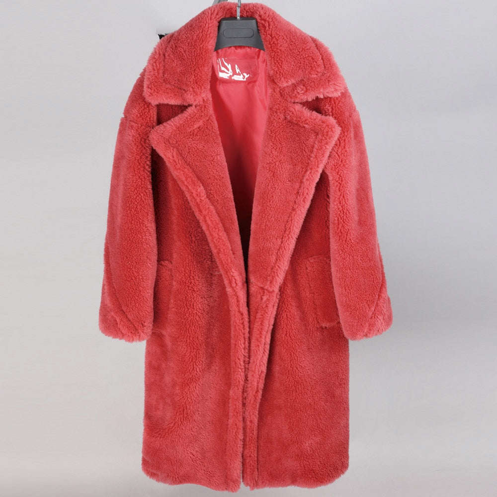 2020 Fashion Women's Winter Jacket - Natural Wool Sheepskin Long Teddy Bear Coat with Real Fox Fur