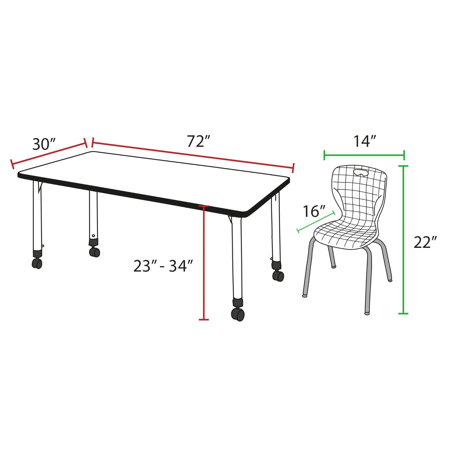 Kee Classroom Table and Chair Package - Adjustable Height Table with 2 Stackable Chairs