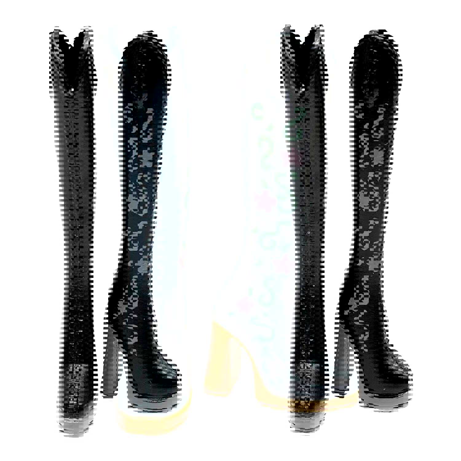 Mattel Barbie My Scene Doll Replacement Shoes Tall Black Floral Boots