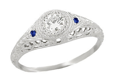 Art Deco Engraved Filigree Diamond Engagement Ring with Side Blue Sapphires in 14K White Gold