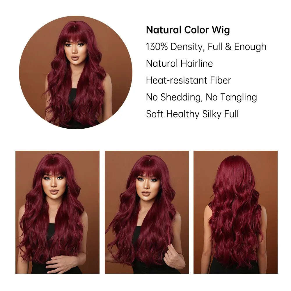 Wine Red Long Burgundy Wavy Wigs for Women with Bangs - Heat Resistant Synthetic Hair for Cosplay & Daily Use