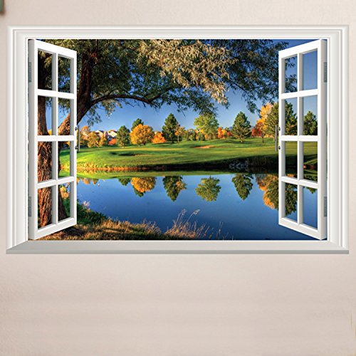 DNVEN 24x16 Inches 3D HD Peaceful Lake Nature Scenery Window Mural Vinyl Wall Decal