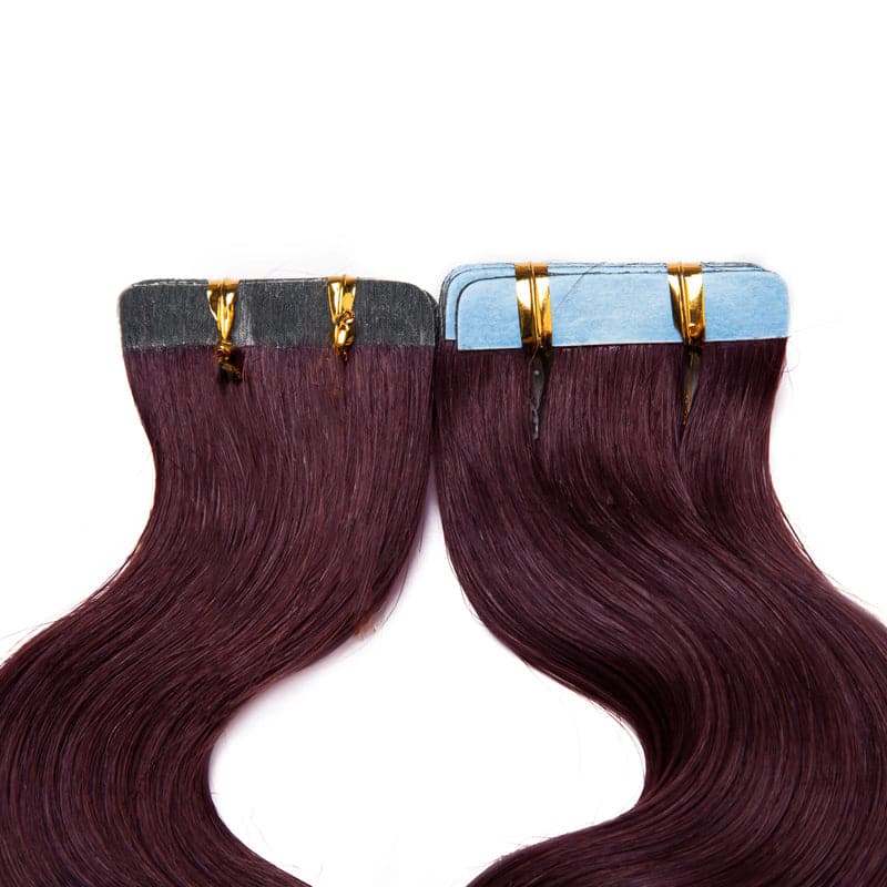 Seamless Tape Ins 20pcs Wine Red Wavy Human Hair Extensions