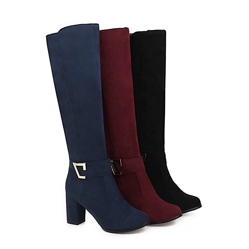 Llyge 2023 New Faux Suede Women Knee High Boots with Buckle and Square Heel for Autumn Winter