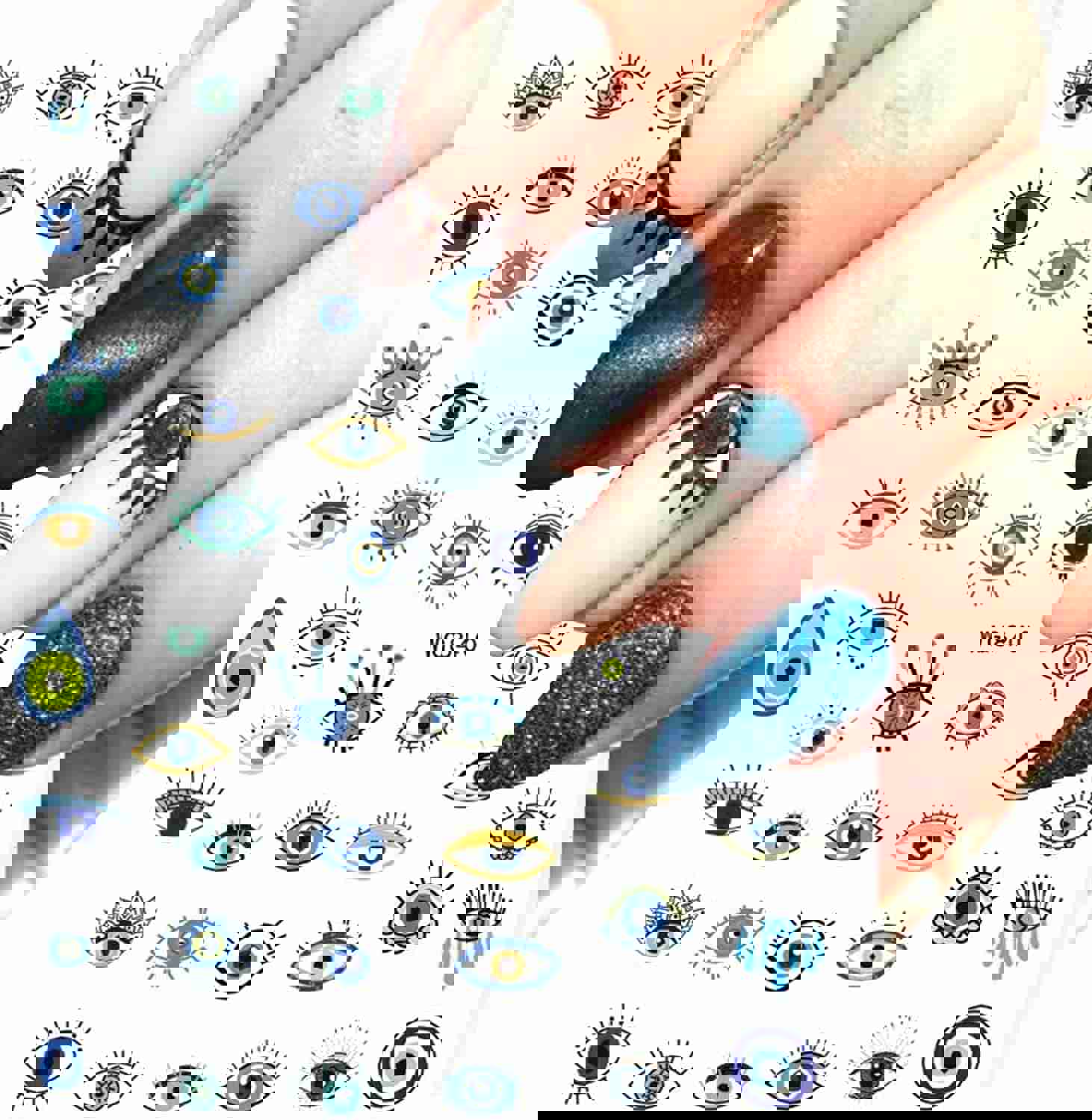 Evil Eyes Nail Art Stickers Decals - 7 Sheets 3D Self-Adhesive Nail Decorations with Turkish Blue Eye Khamsah Hand of Fatima Cartoon Design