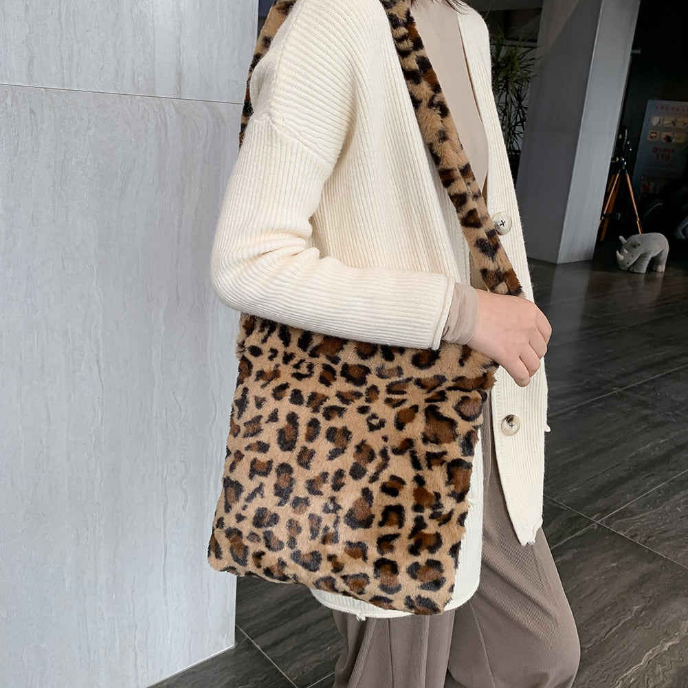 Fashion Leopard Plush Shoulder Bag for Women - Vintage Large Capacity Messenger Bag