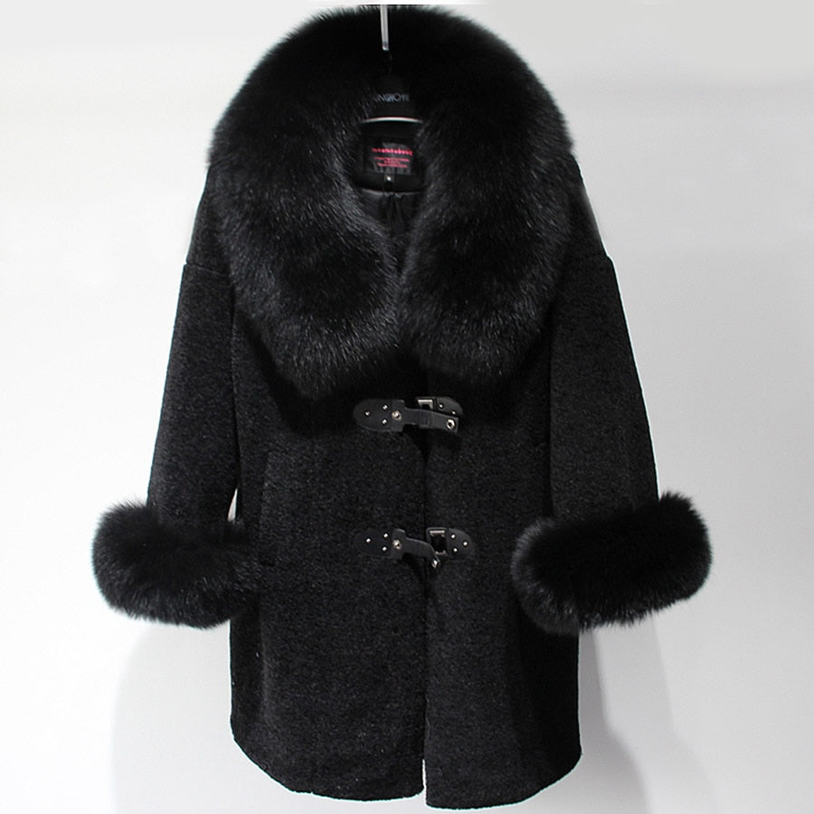 2020 Fashion Women's Winter Jacket - Natural Wool Sheepskin Long Teddy Bear Coat with Real Fox Fur