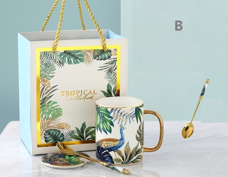 Large Capacity Jungle Animal Porcelain Mugs with Spoon and Cover in Gift Box
