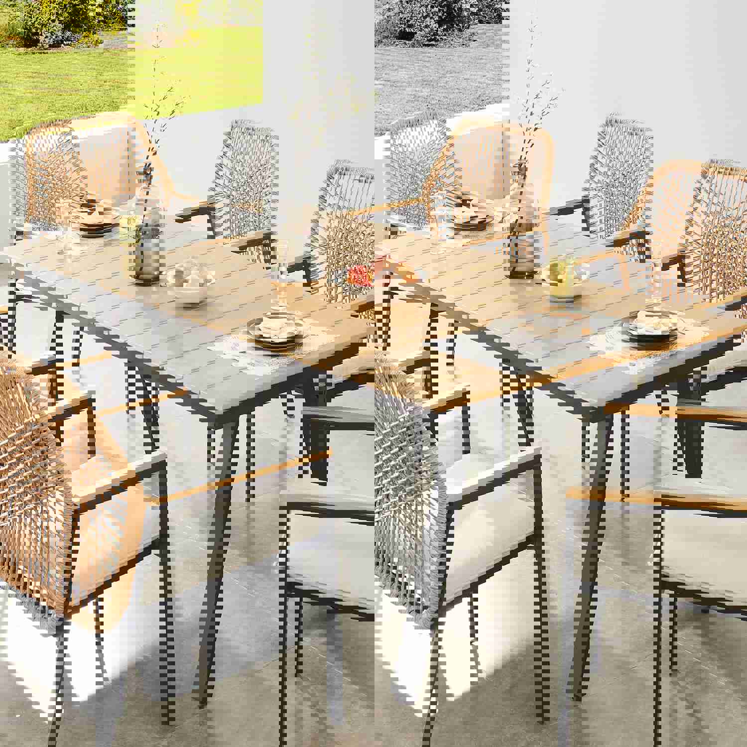 Outdoor Dining Table - Aluminum Frame with Resin Wood Slat Table Top, Patio Rectangular Table with Umbrella Hole