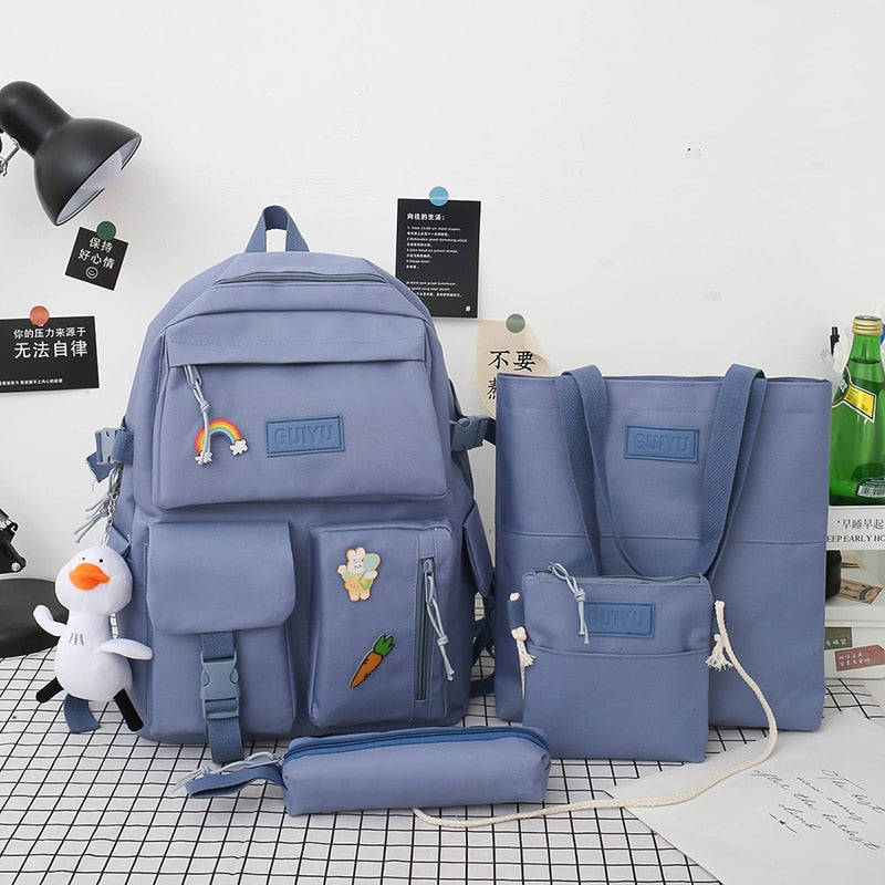 Wenkouban 4-piece Set Of Harajuku Style Fashion Women's Backpack Canvas Waterproof School Backpacks