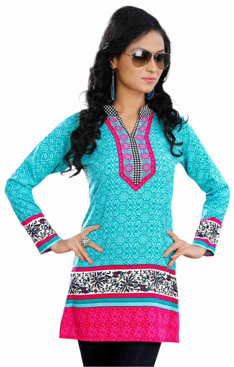 Women's Printed Kurti Top Long Tunic - Turquoise Indian Blouse