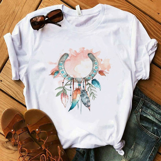 Women's Flower Dreamcatcher T-shirt - Harajuku O-Neck Casual Top