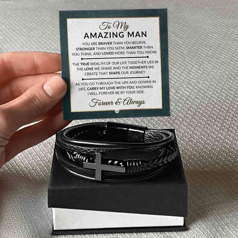 Mens Braided Leather Bracelet with Cross - Special Gift for Christmas, Valentines Day, Anniversary or Birthday