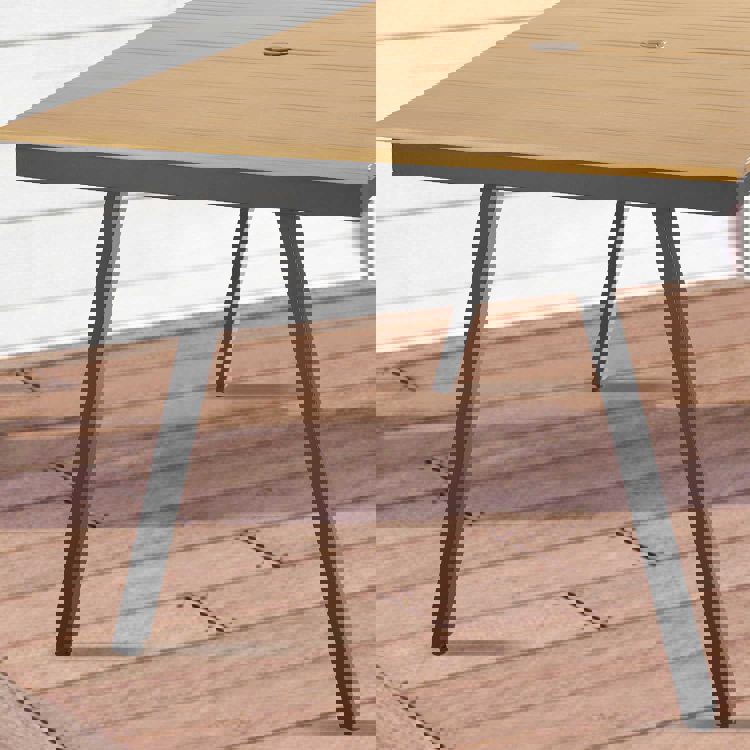 Outdoor Dining Table - Aluminum Frame with Resin Wood Slat Table Top, Patio Rectangular Table with Umbrella Hole