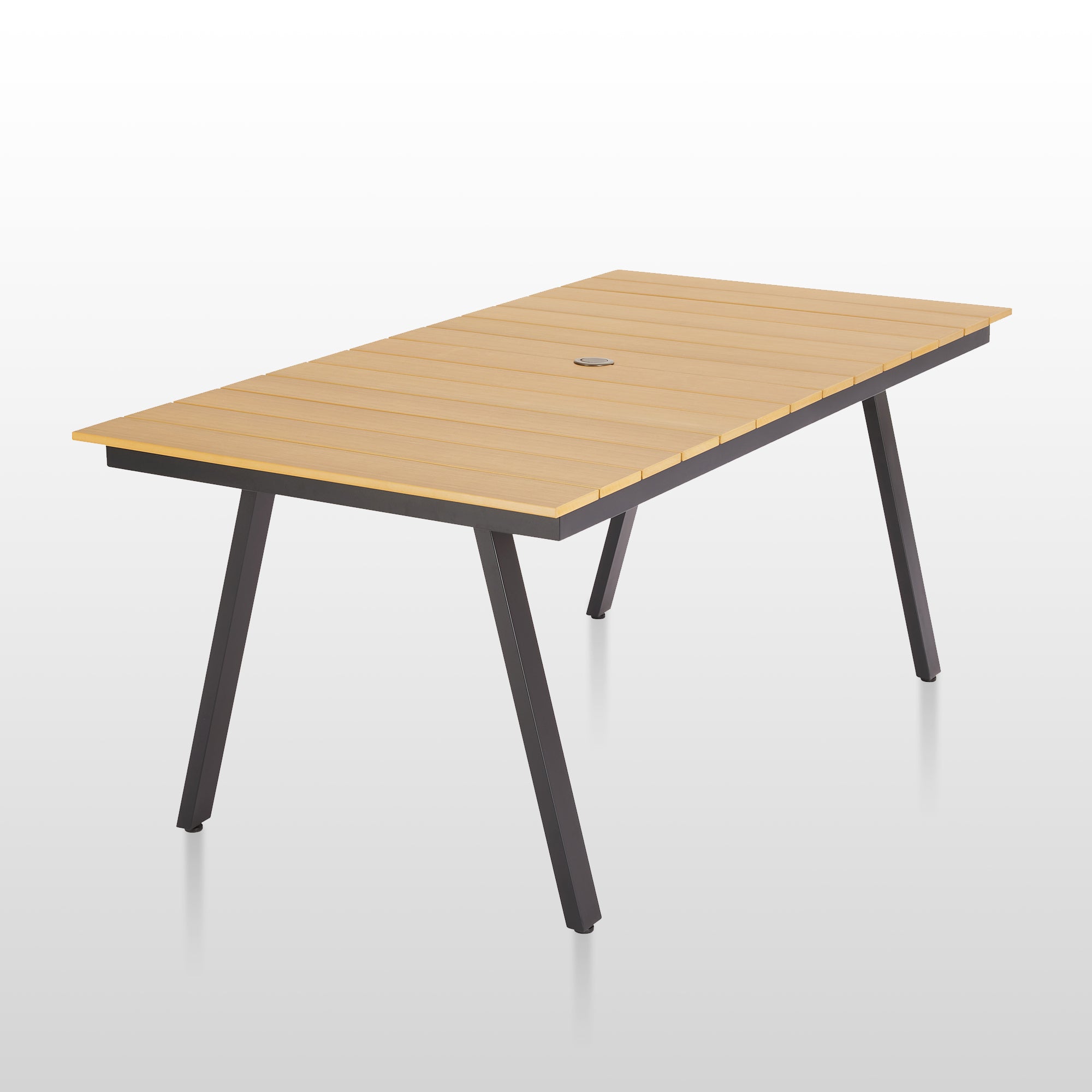 Outdoor Dining Table - Aluminum Frame with Resin Wood Slat Table Top, Patio Rectangular Table with Umbrella Hole