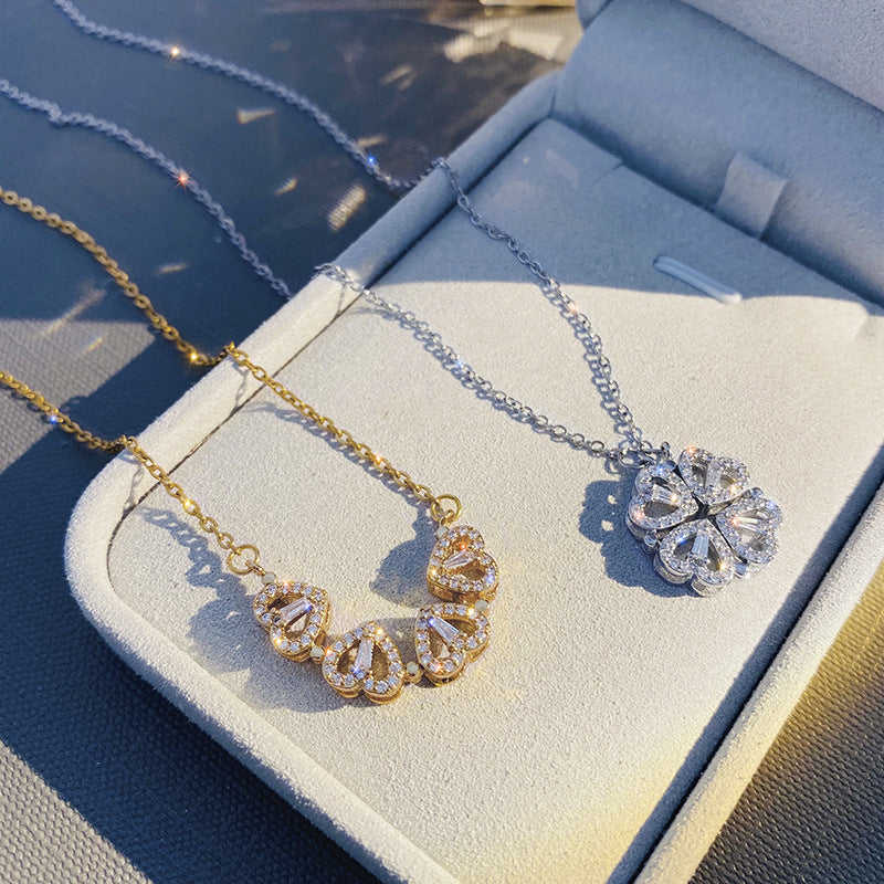 Retro Magnetic Folding Heart Shaped Four Leaf Clover Pendant Necklace for Women