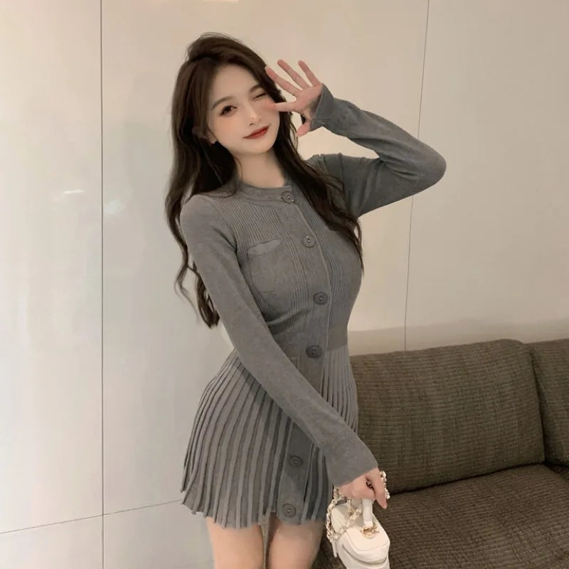 Nukty Women's Bodycon Crochet Knitted Pleated Dress