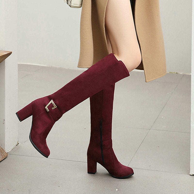 Llyge 2023 New Faux Suede Women Knee High Boots with Buckle and Square Heel for Autumn Winter