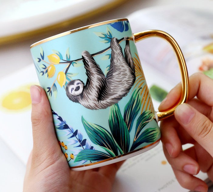 Large Capacity Jungle Animal Porcelain Mugs with Spoon and Cover in Gift Box