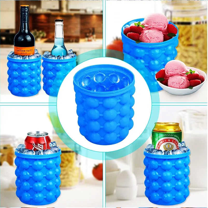 2 in 1 Large Silicone Ice Bucket Mold with Lid - Portable Space Saving Cube Maker for Kitchen, Party, Barware