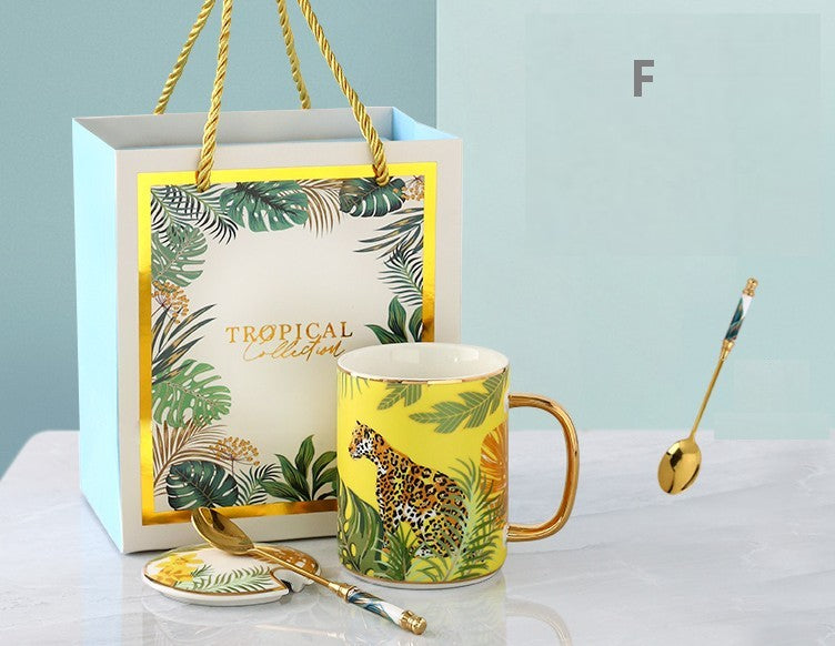 Large Capacity Jungle Animal Porcelain Mugs with Spoon and Cover in Gift Box