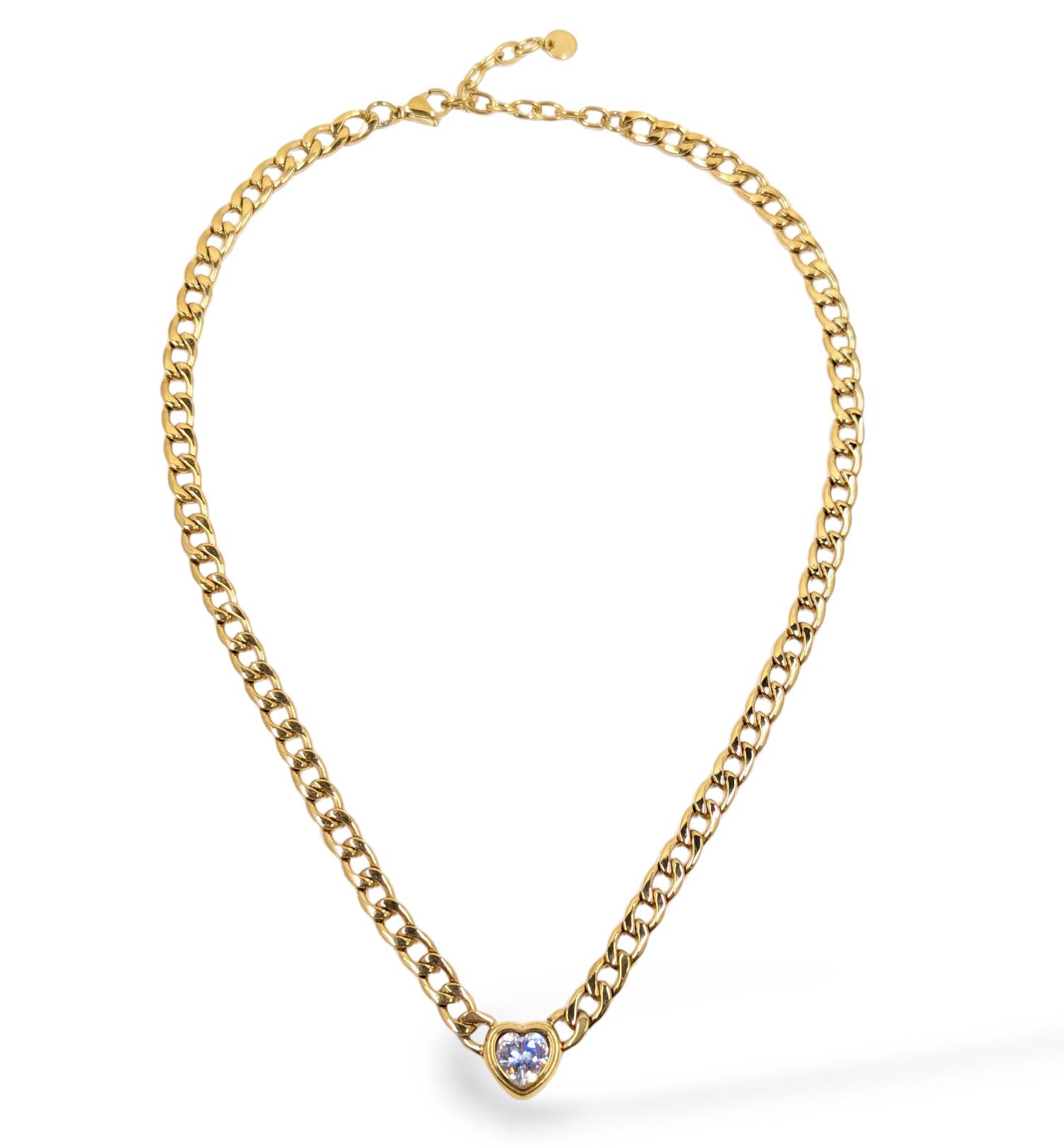 Allure of Affection Heart Necklace - Elegant Crystal Pendant with Cuban Chain