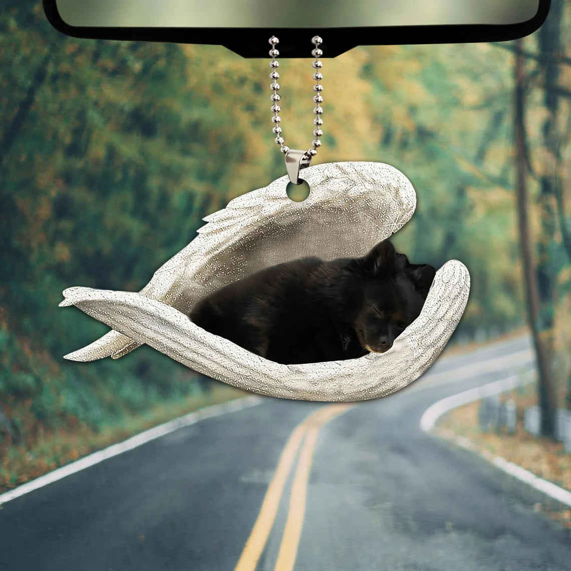 Black Pomeranian Sleeping Angel Wing - Memorial Dog Lover Rear View Mirror Car Accessory