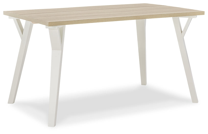 Grannen Rectangular Dining Room Table with White Saber Legs and Light Tan Melamine Top