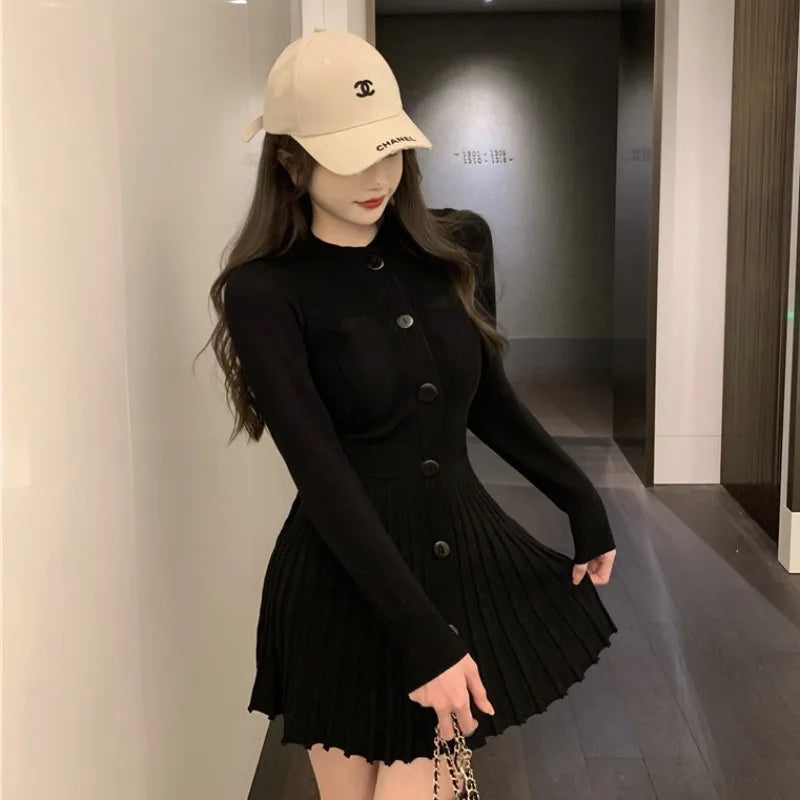 Nukty Women's Bodycon Crochet Knitted Pleated Dress