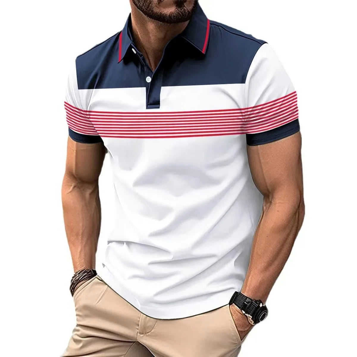 Fashion Simplicity Stripe Print Polo T-Shirt For Men - Summer Trend Golf Casual Shirt