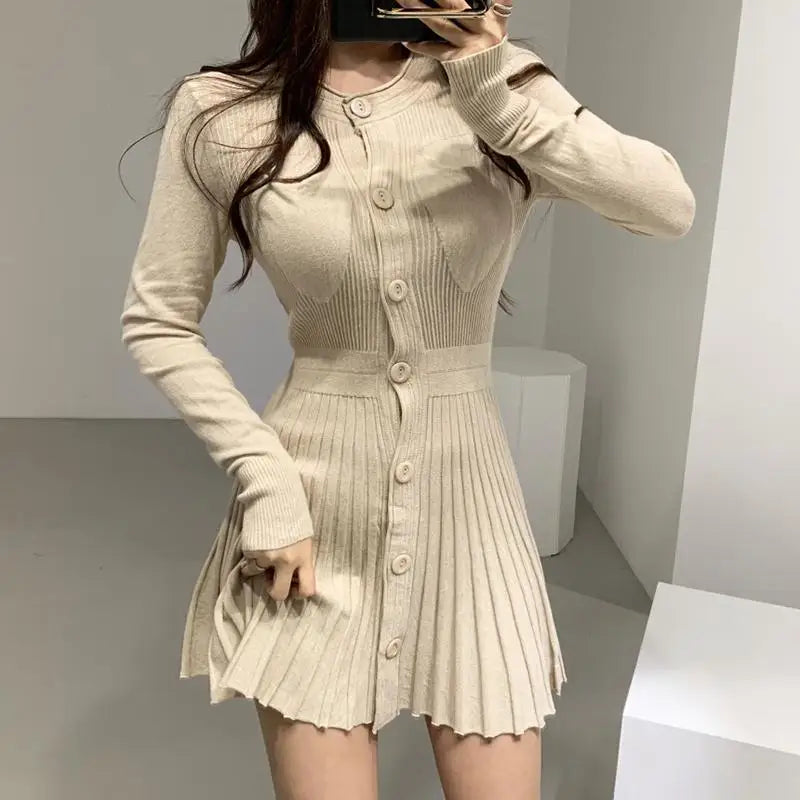 Nukty Women's Bodycon Crochet Knitted Pleated Dress