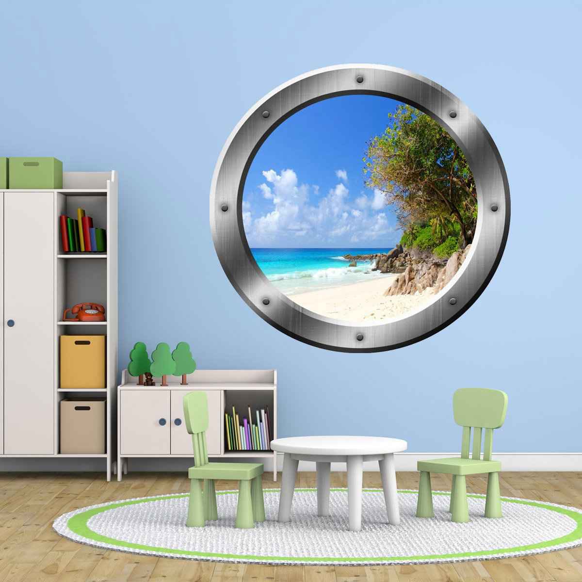 Vibrant Peel and Stick Beach Porthole Window Vinyl Wall Decal - Easy to Apply & Removable