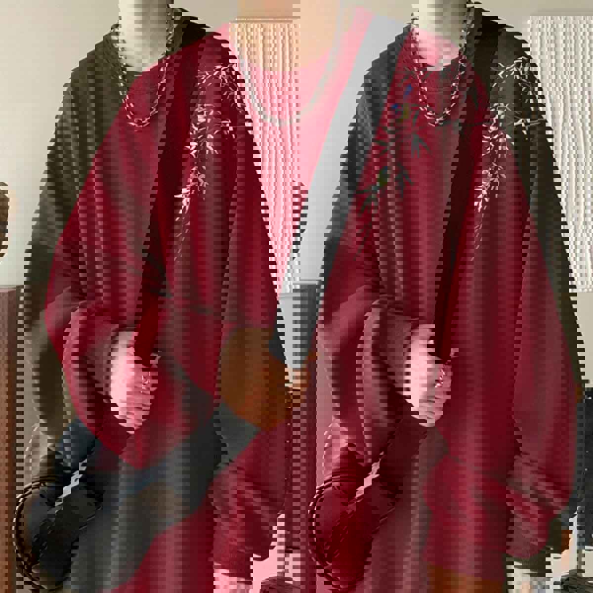 Wine Red Sweater Mens Round Neck Loose