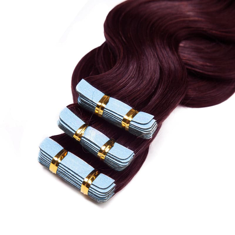 Seamless Tape Ins 20pcs Wine Red Wavy Human Hair Extensions