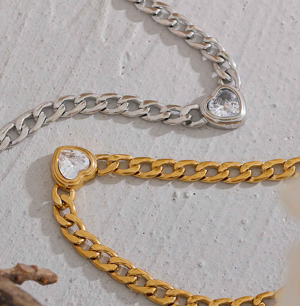 Allure of Affection Heart Necklace - Elegant Crystal Pendant with Cuban Chain