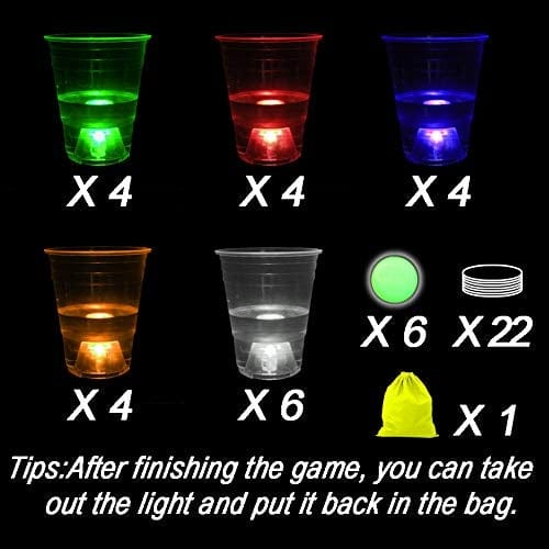 Glow in The Dark Beer Pong Set - 22 Light Up Cups & 6 Glow Balls for Night Parties
