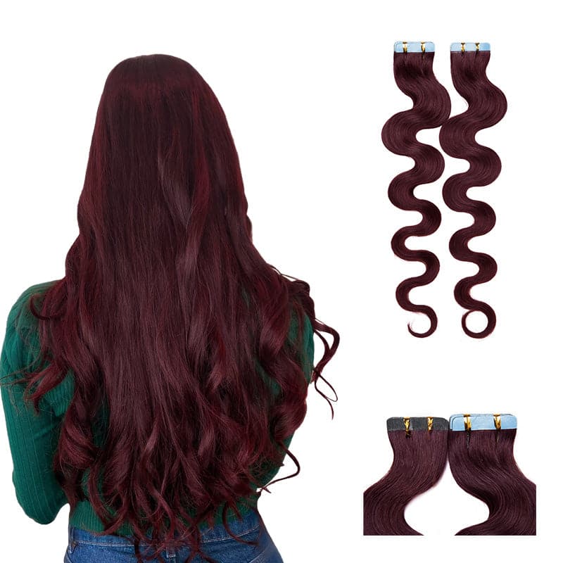 Seamless Tape Ins 20pcs Wine Red Wavy Human Hair Extensions