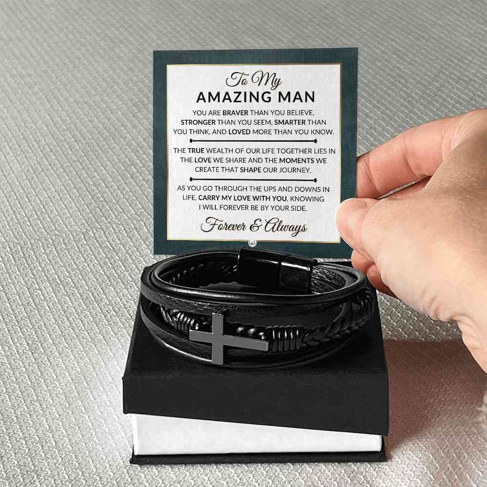 Mens Braided Leather Bracelet with Cross - Special Gift for Christmas, Valentines Day, Anniversary or Birthday