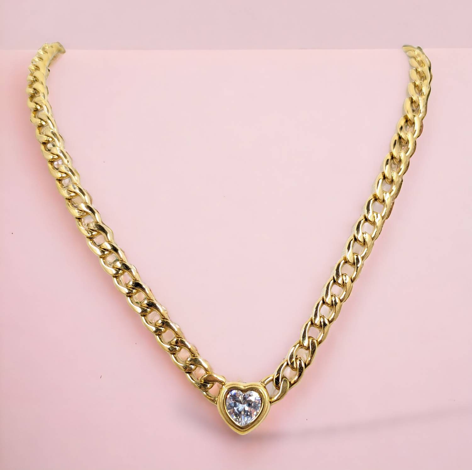 Allure of Affection Heart Necklace - Elegant Crystal Pendant with Cuban Chain