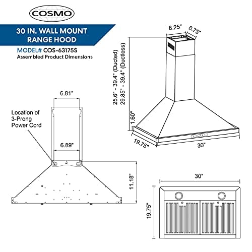 Cosmo 63175S 30 Inch 380 CFM Stainless Steel Wall Mount Kitchen Range Hood with Digital Push Control & LED Lighting