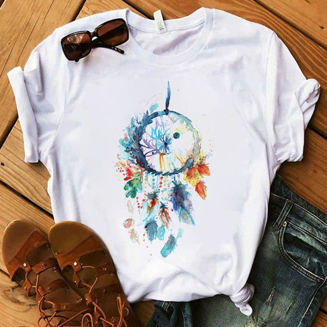 Women's Flower Dreamcatcher T-shirt - Harajuku O-Neck Casual Top