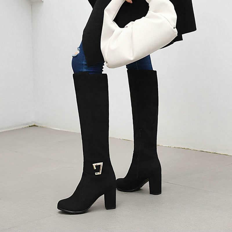 Llyge 2023 New Faux Suede Women Knee High Boots with Buckle and Square Heel for Autumn Winter