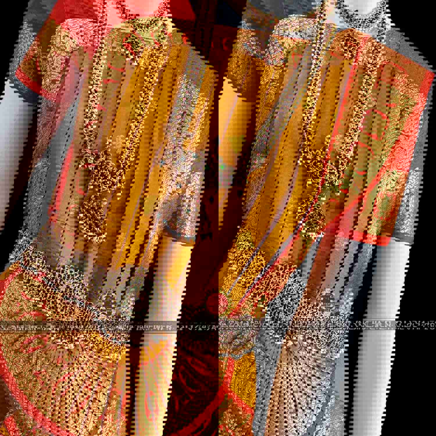 MUSTARD YELLOW ORANGE 36 inch Bharatanatyam Gold Zari Dance Costume | Art Silk Dharmavaram Kanchi